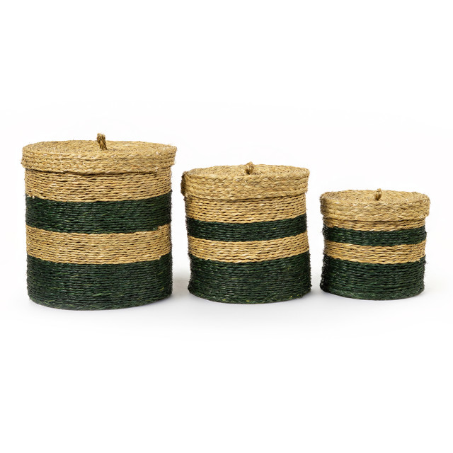 Gone Rural Lidded Storage Baskets, Set of 3 - Smoke & Green