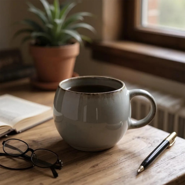 Humble & Mash Ombre Glazed Mug, 480ml - Stone Grey on the table