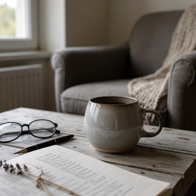 Humble & Mash Ombre Glazed Mug, 480ml - Stone Grey on the table