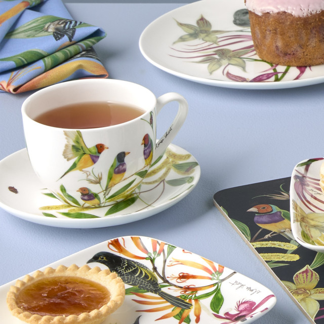 Maxwell & Williams Eloise Short Lyric Cup & Saucer, 240ml - Regent Honeyeater with tea on the table