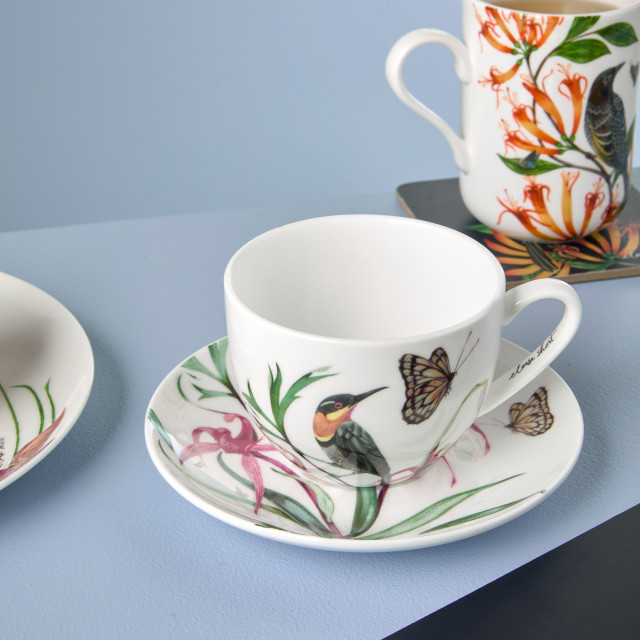 Maxwell & Williams Eloise Short Lyric Cup & Saucer, 240ml - Spinebill Honeyeater on the table