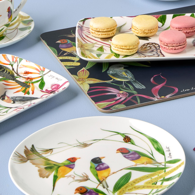 Maxwell & Williams Eloise Short Lyric Coupe Plate, 20cm - Gouldian Finch on the table