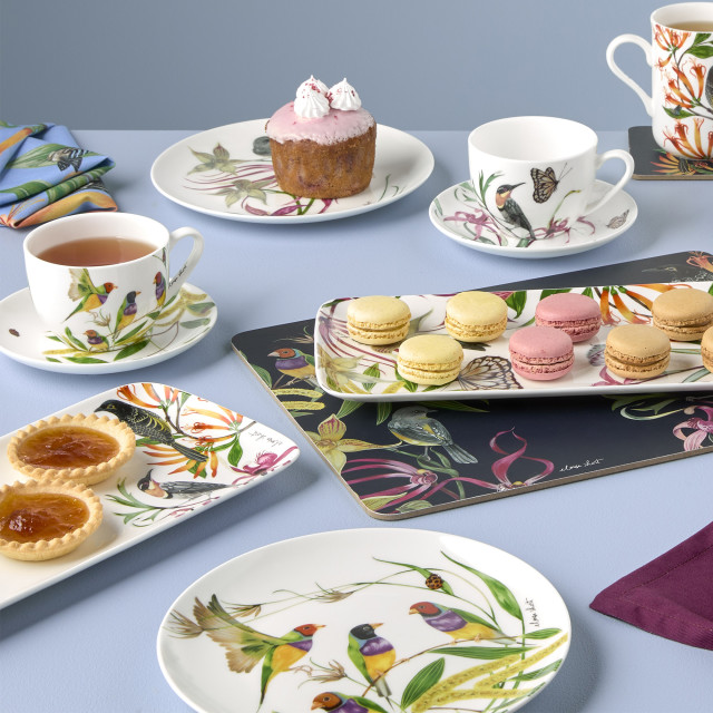 Maxwell & Williams Eloise Short Lyric Coupe Plate, 20cm - Regent Honeyeater on the table