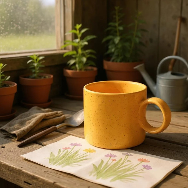Nicolson Russell Getty Mug, 230ml - Pastel Orange on a plant wooden table