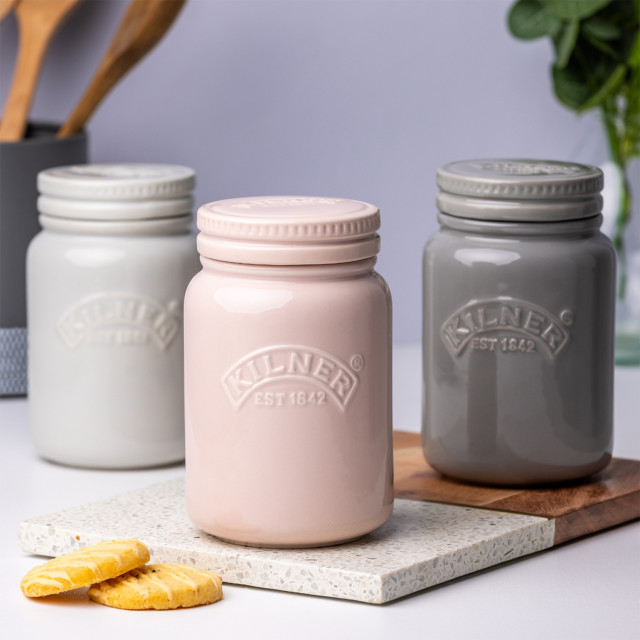 Kilner Ceramic Push Top Jar, 600ml - Pink with other jars