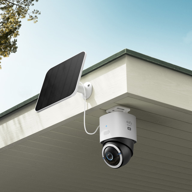 Eufy S330 4K Wireless Outdoor Security Camera and Solar Panel on a wall