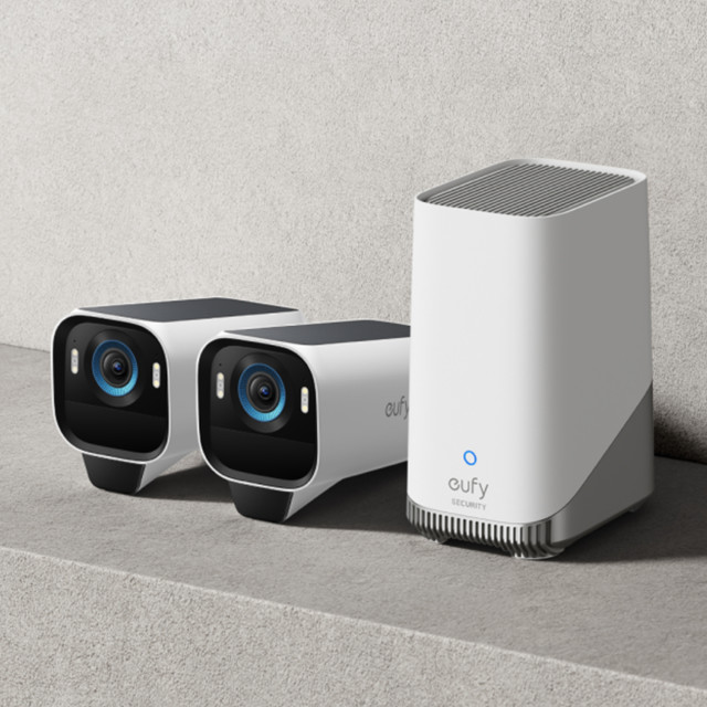 Eufy S3 Pro 4K UHD Wireless Security 2 Camera Kit on a wall unit
