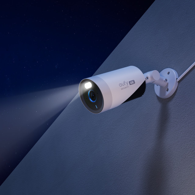 Eufy E330 4K Professional Smart Security 4-Camera Kit on a wall