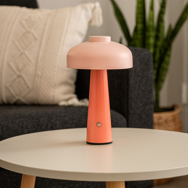 Arc & Hue Poppy Portable & Rechargeable LED Lamp - Pink on a coffee table