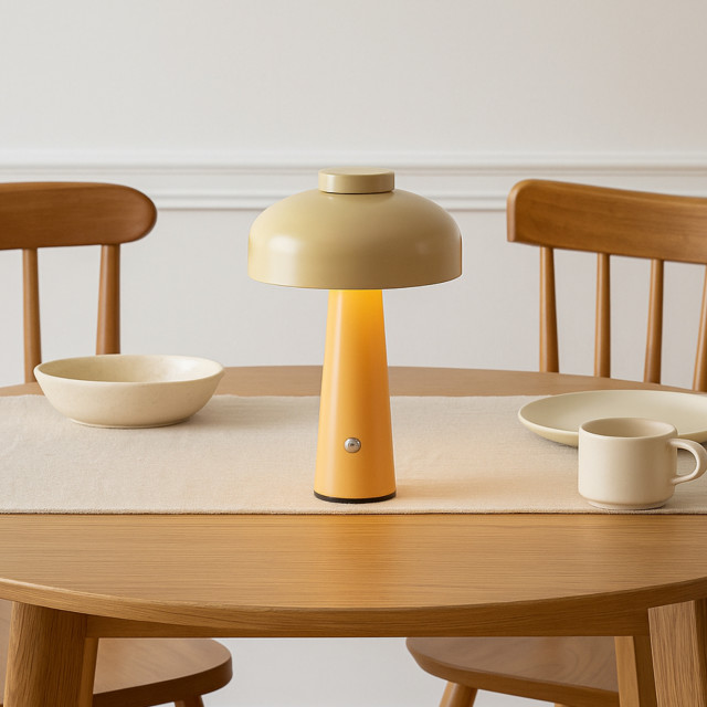 Arc & Hue Poppy Portable & Rechargeable LED Lamp - Mustard on a dinner table
