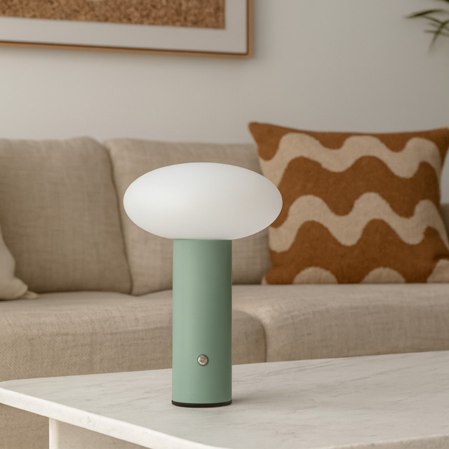 Arc & Hue Oliver Portable & Rechargeable LED Lamp - Mint on a coffee table