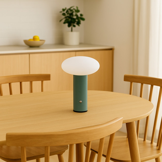 Arc & Hue Oliver Portable & Rechargeable LED Lamp - Mint on a dinner table