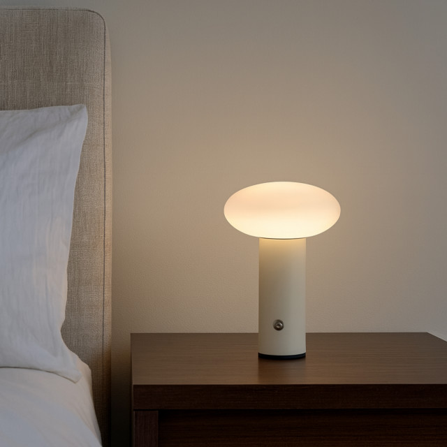 Arc & Hue Oliver Portable & Rechargeable LED Lamp - Cream on a nightstand