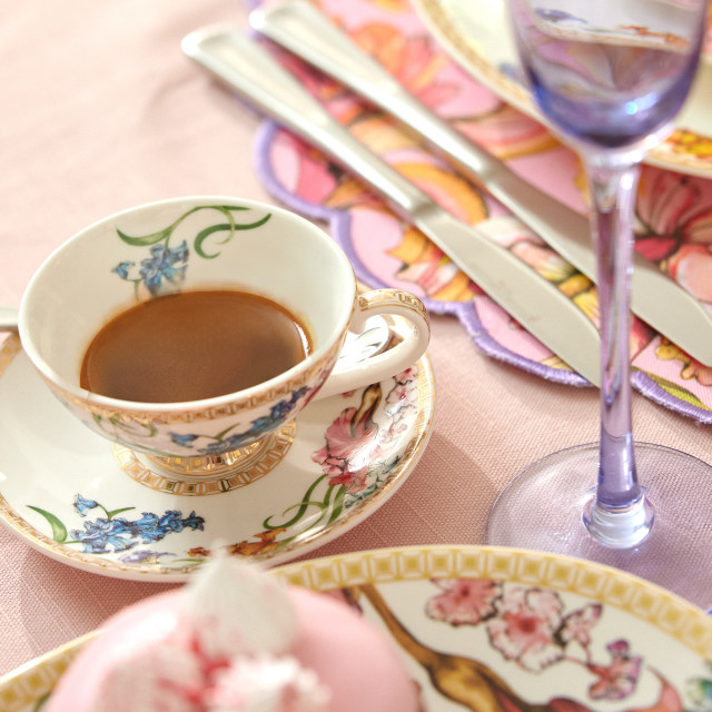 Maxwell & Williams Estelle Michaelides Mystique Espresso Cup & Saucers, Set of 4 with tea on the table