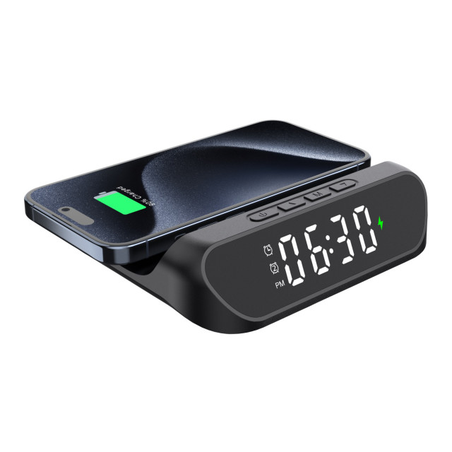 Snug Wireless Charger Pad with Clock, 15W detail with a phone charging