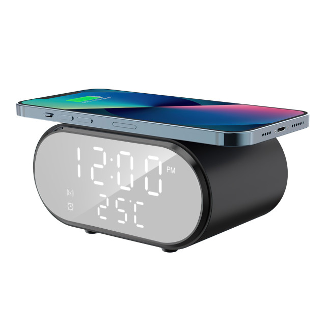 Snug Wireless Charger with Clock Stand, 15W detail with a phone charging