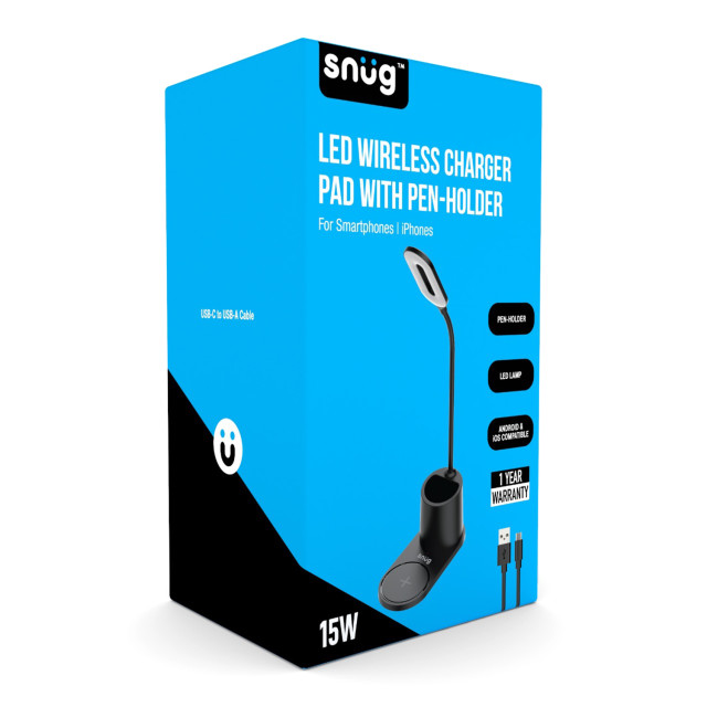 Snug Wireless Charger Pad with LED Light & Pen-Holder, 15W packaging