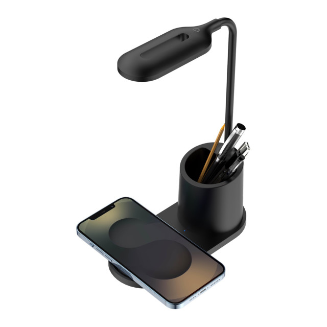 Snug Wireless Charger Pad with LED Light & Pen-Holder, 15W detail with a phone charging and pens