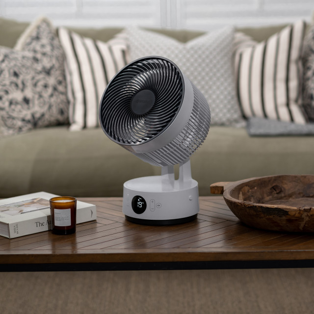 Meaco Sefte Portable Rechargeable Air Circulator Desktop Fan on a coffee table