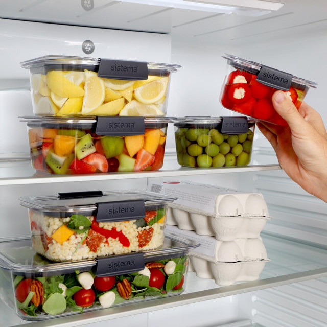 Sistema Brilliance Small Rectangular Container, 380ml with other containers in the fridge
