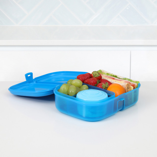 Sistema Ribbon Lunchbox with Mini Bite Box, 1.1L - Blue on the table with food