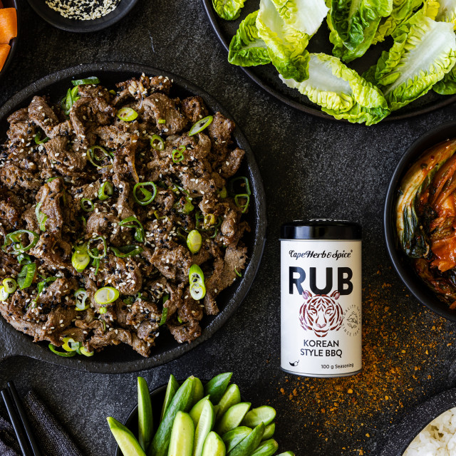 Cape Herb & Spice Korean Style BBQ Rub, 100g on the table with food