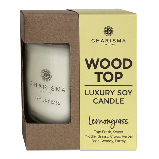 Charisma Candles Wood Top Lemongrass Luxury Soy Candle, 250ml packaging