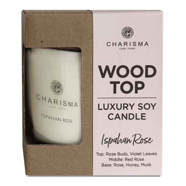 Charisma Candles Wood Top Ispahan Rose Luxury Soy Candle, 250ml packaging