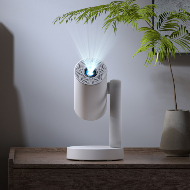 Etoe Starfish Google Certified 4K Android Smart TV Projector on a nightstand
