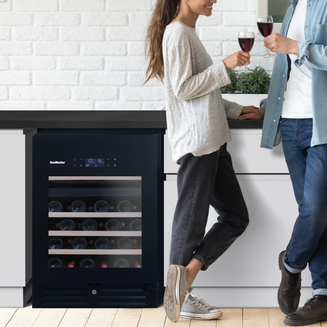 SnoMaster 46 Bottle Pro Series Dual Zone Wine Cooler with wine bottles