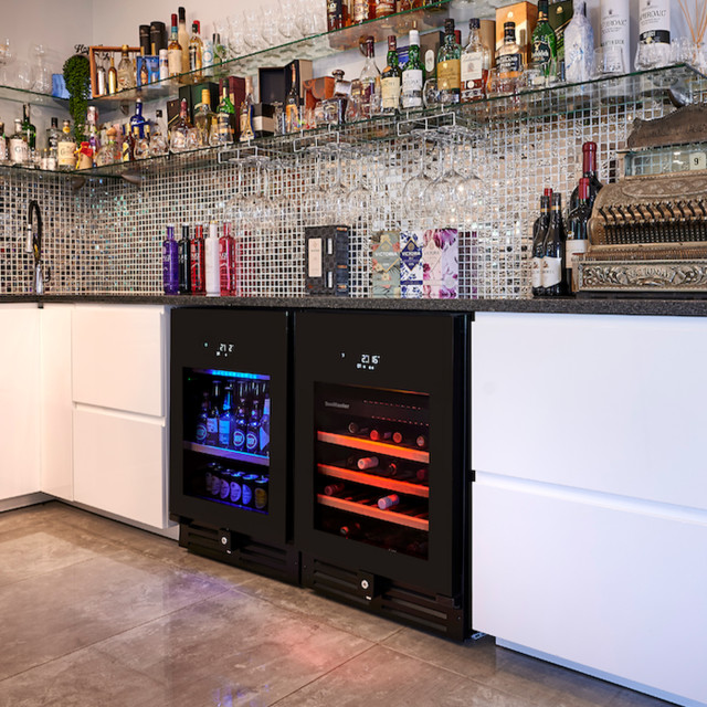 SnoMaster 46 Bottle Pro Series Dual Zone Wine Cooler with beer bottles, mixers and wine