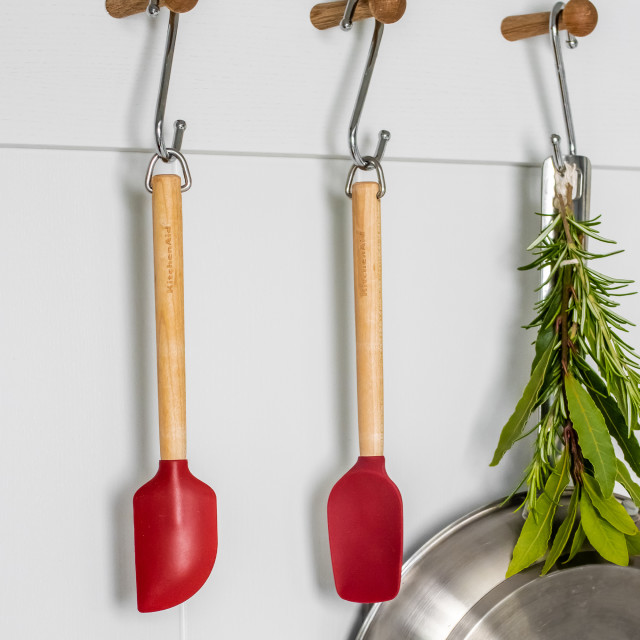 KitchenAid Birchwood Mini Spatulas, Set of 2 hung on the kitchen hanger