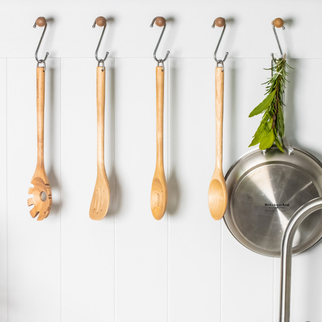 KitchenAid Birchwood Pasta Server & Fork hung on the kitchen hanger
