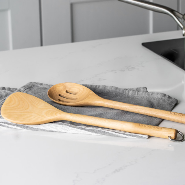 KitchenAid Birchwood Solid Turner on the kitchen counter
