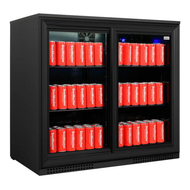 SnoMaster Under-Counter Sliding Door Beverage Cooler, 200L angle with cans