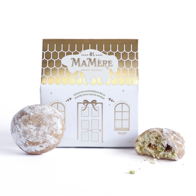 Ma Mere Confections Cream and Gold Mini Festive House angle with shortbread