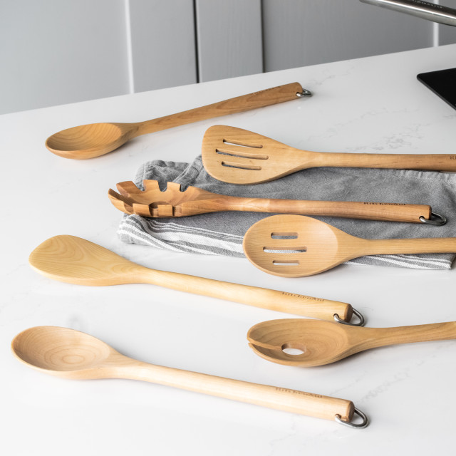 KitchenAid Birchwood Basting Spoon on the kitchen counter