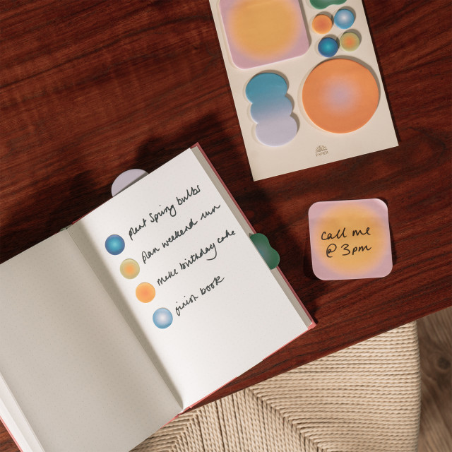 Papier Vibrance Sticky Note Set on a notebook with notes