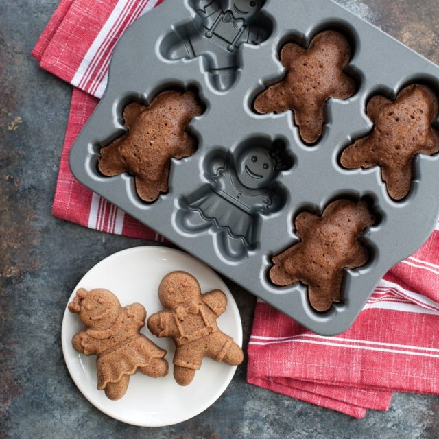 Nordic Ware Gingerbread Kids Cakelet Pan with baked gingerbread