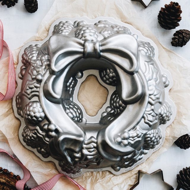 Nordic Ware Holiday Wreath Bundt Pan on the table