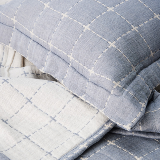 Thread Office Blue Check Reversible Cotton Bedspread Set close up