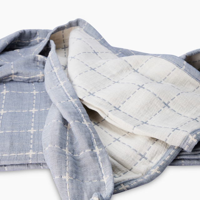 Thread Office Blue Check Reversible Cotton Bedspread Set close up