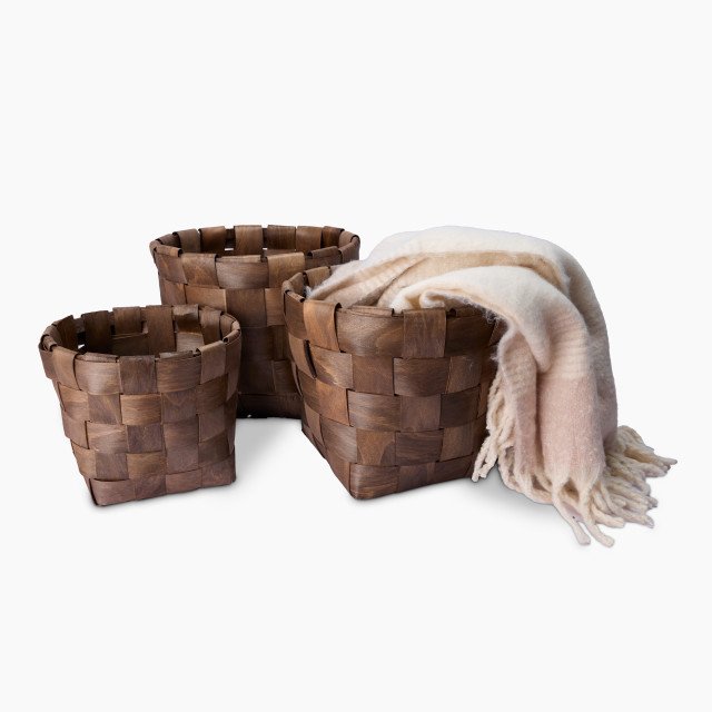Thread Office Wood Chip Woven Storage Baskets, Set of 3 with throw
