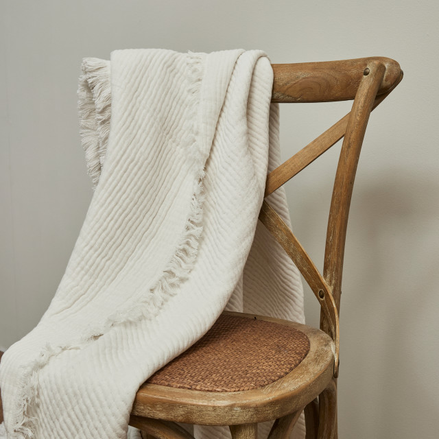 Thread Office White Reversible Woven Fringe Throw, 180cm x 200cm