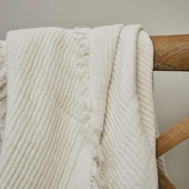 Thread Office White Reversible Woven Fringe Throw, 180cm x 200cm
