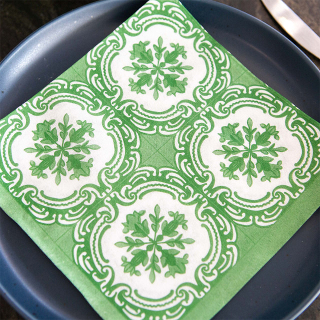 Tavola Floral Tile Biodegradable Paper Napkins, Pack of 25 -Dark Green