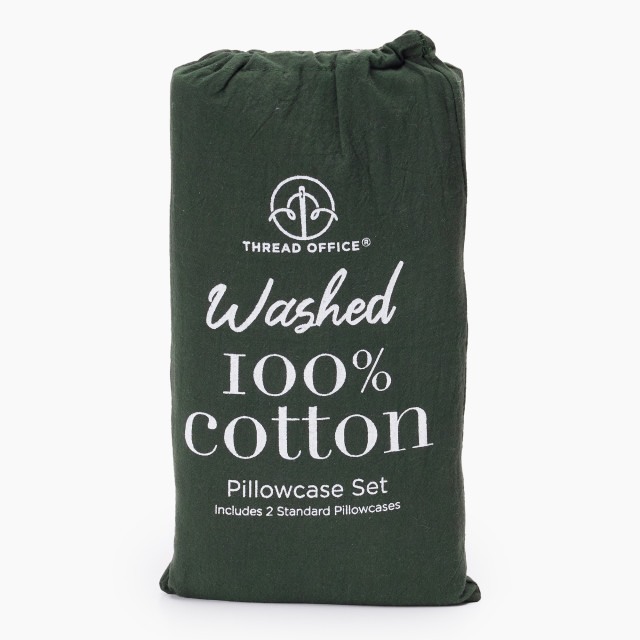 Thread Office Forest Green Washed Cotton Pillowcase, Set of 2