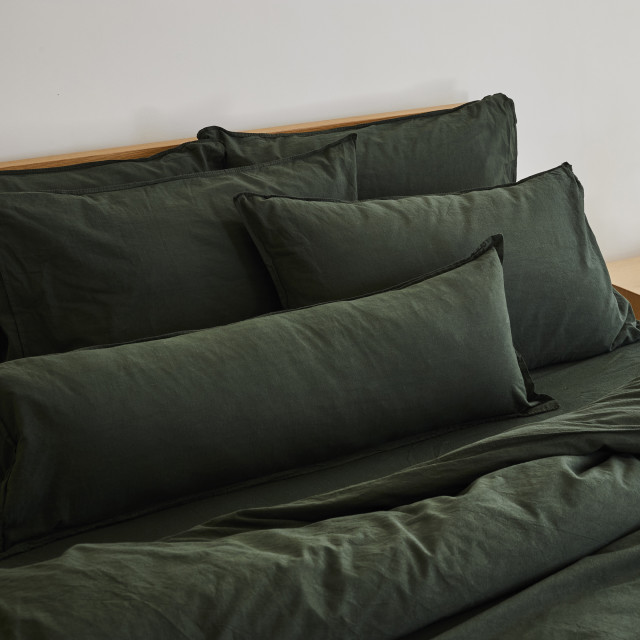 Thread Office Forest Green Washed Cotton Oxford Border Bedroom Scatter Cushion, 30cm x 90cm