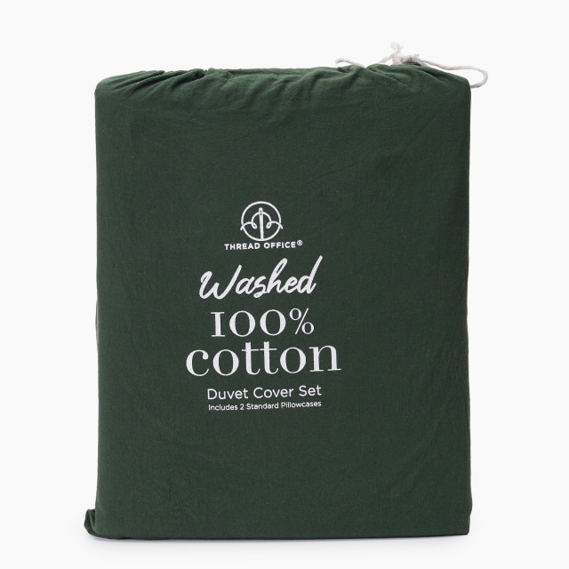 Thread Office Forest Green Washed Cotton Duvet Cover Set - Queen