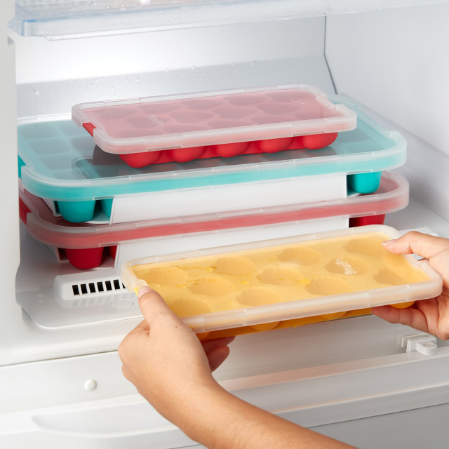 Lekue Rectangular Shaped Ice Cube Tray with Lid - Red in the freezer